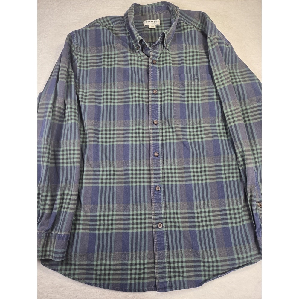 Orvis Shirt Button Down Shirt Mens 2XL Green Plaid Wrinkle Free Outdoor Hiking